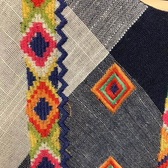 THML Navy White Large Check Frayed SS Boho Embroidered Knee Length Dress Size M - Picture 8 of 16